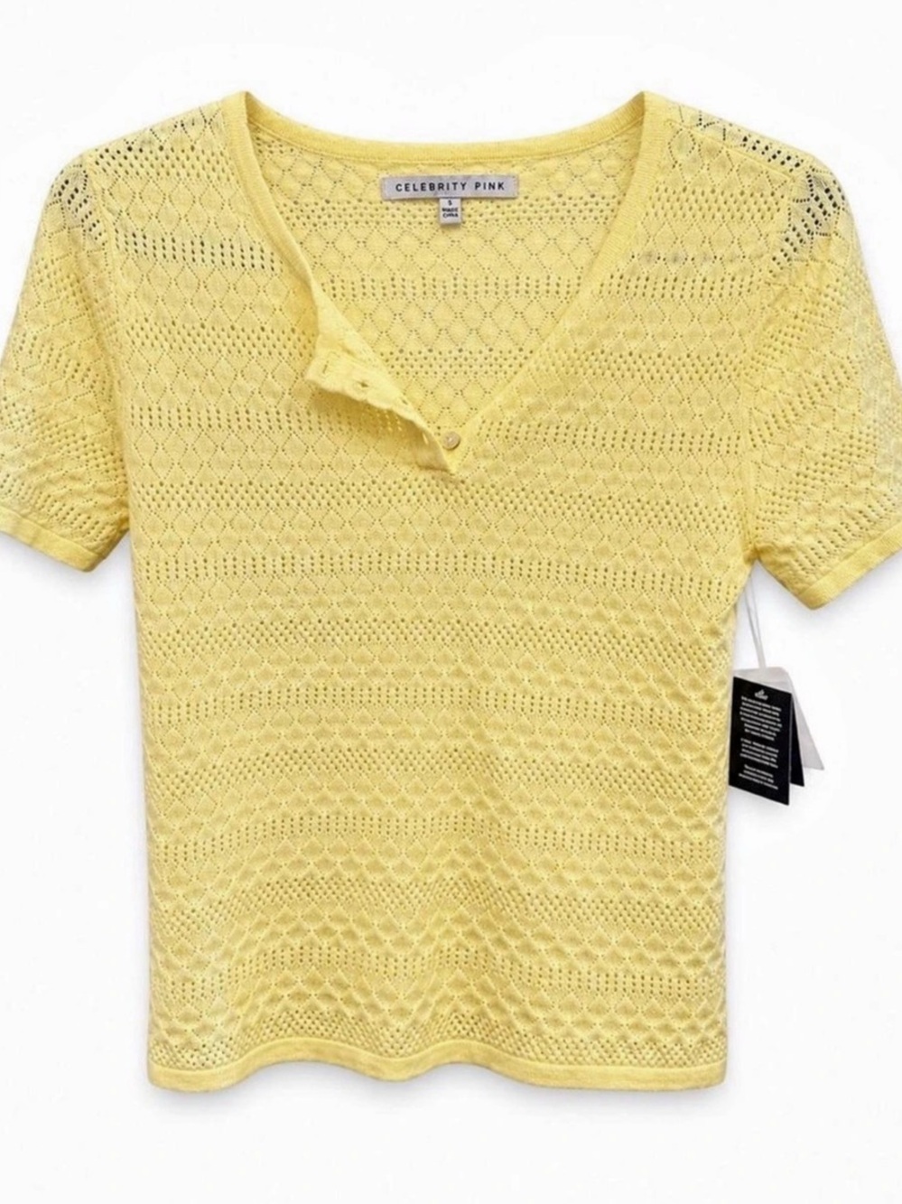 Celebrity Pink Women's Short Sleeve Pointelle Henley Top Yellow